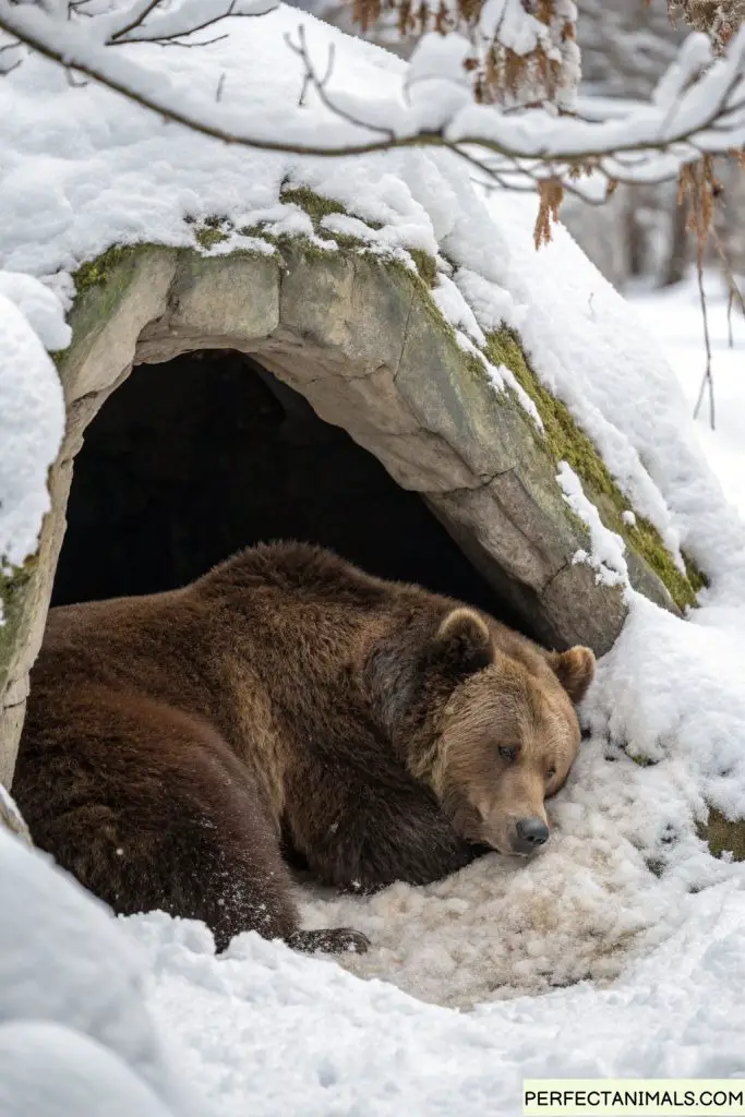 Brown bear sleeping peacefully in den during winter, snow visible outside