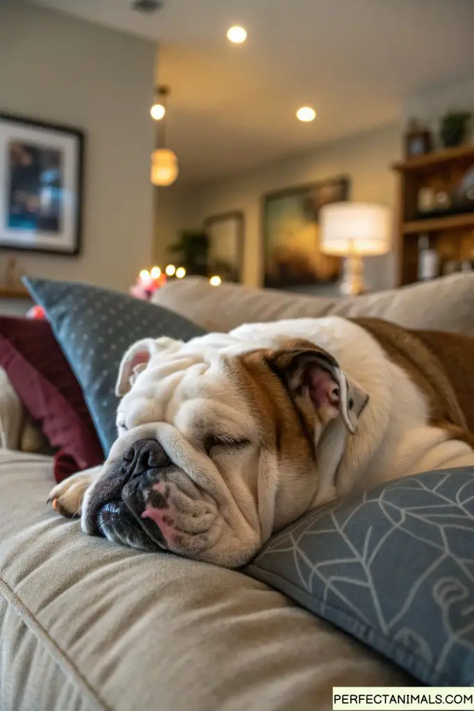English Bulldog sleeping on couch in ridiculous sleeping position, very comfortable