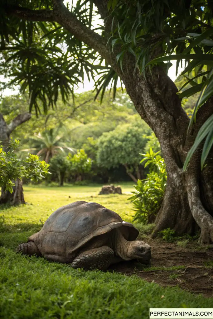 Giant Galápagos tortoise resting in shade, ancient and peaceful, tropical setting