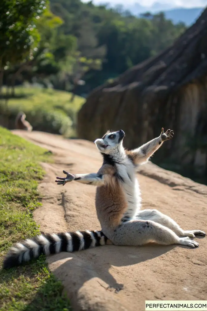 Ring-tailed lemur sunbathing with arms spread wide, yoga pose, relaxed
