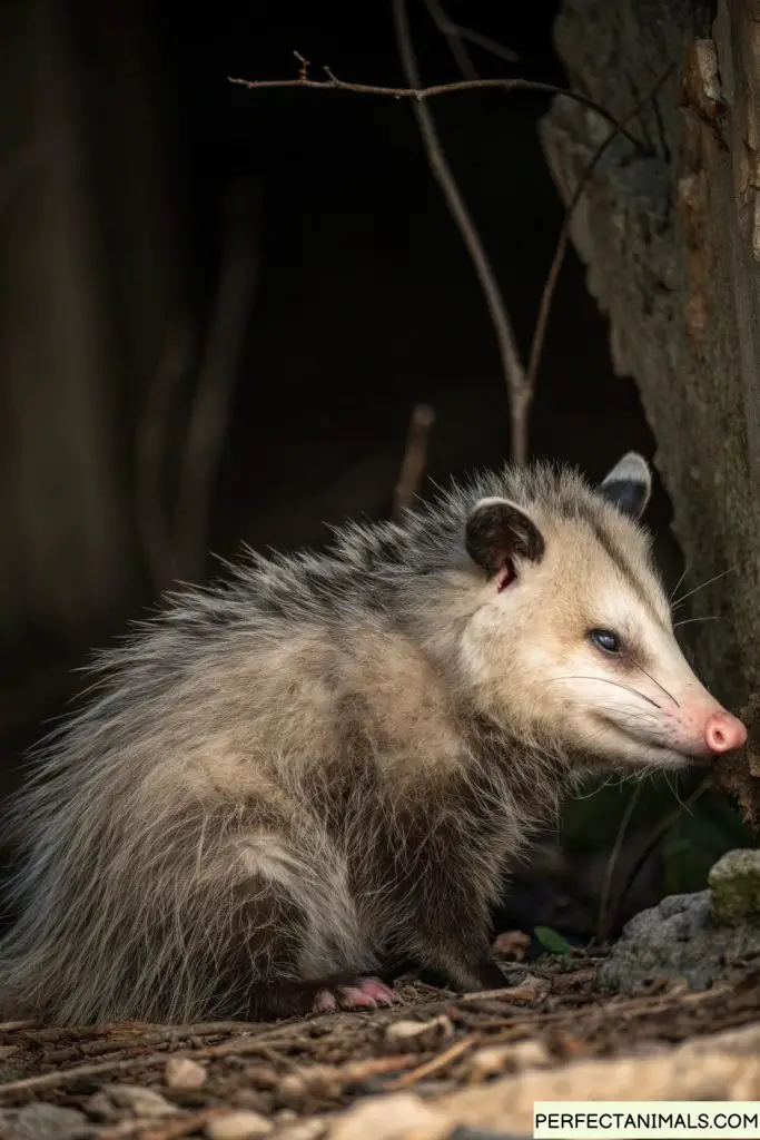 Opossum hanging upside down from branch by tail, sleeping during day