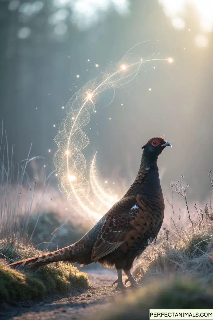 A mystical scene showing a pheasant surrounded by soft, ethereal light with spiritual energy radiating around it