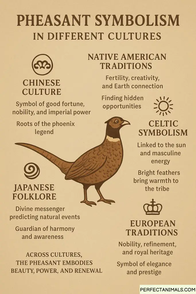 A collage-style image showing pheasants in various cultural settings - Asian gardens, Native American landscapes, and European forests