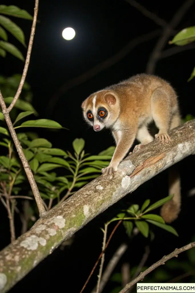 Slow loris moving extremely slowly on branch at night, big eyes, deliberate motion