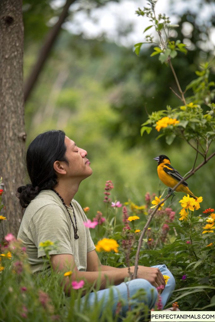 Person sitting peacefully in nature surrounded by colorful flowers
