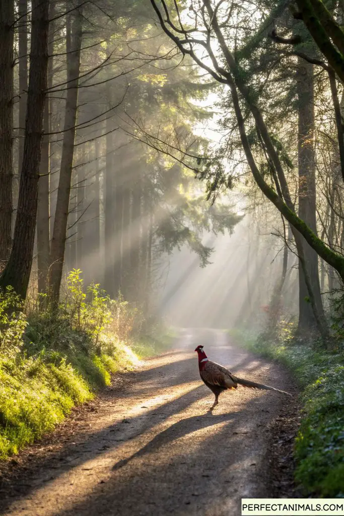 A pheasant walking across a forest path with dappled sunlight filtering through trees, symbolizing a spiritual encounter
