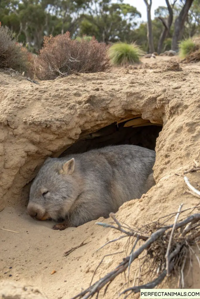 Wombat sleeping in burrow entrance, chubby and content, Australian setting