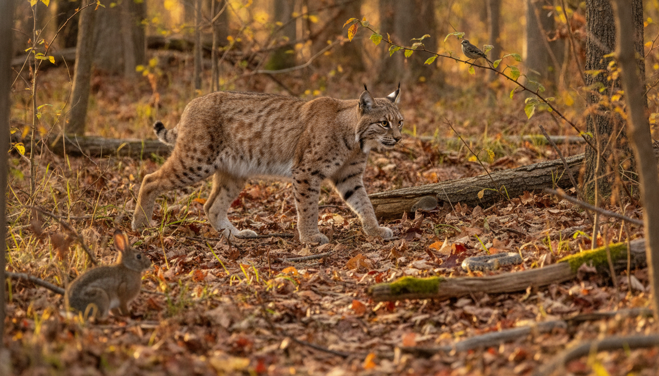 Bobcat moving through woodland where rabbits rodents birds and reptiles live